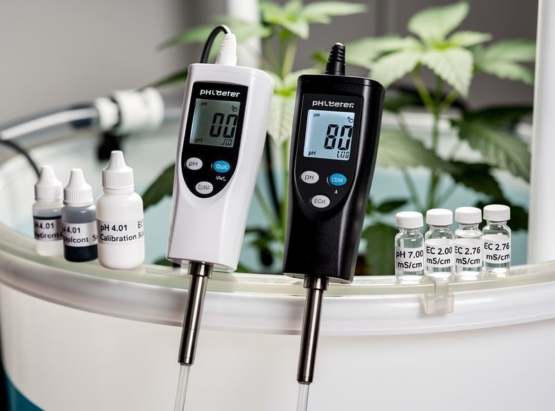 Digital pH meter and EC meter with calibration solutions on hydroponic reservoir for nutrient monitoring
