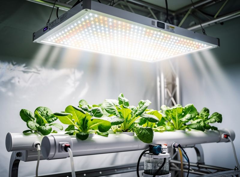 LED grow light panel suspended over hydroponic plants showing full spectrum indoor lighting