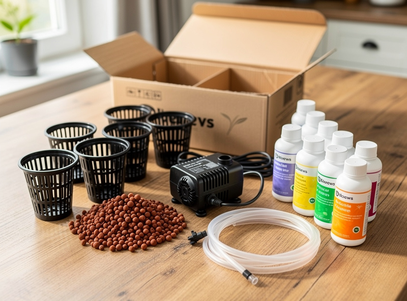Hydroponic growing kit unboxed showing net pots, clay pebbles, air pump, tubing, and nutrients
