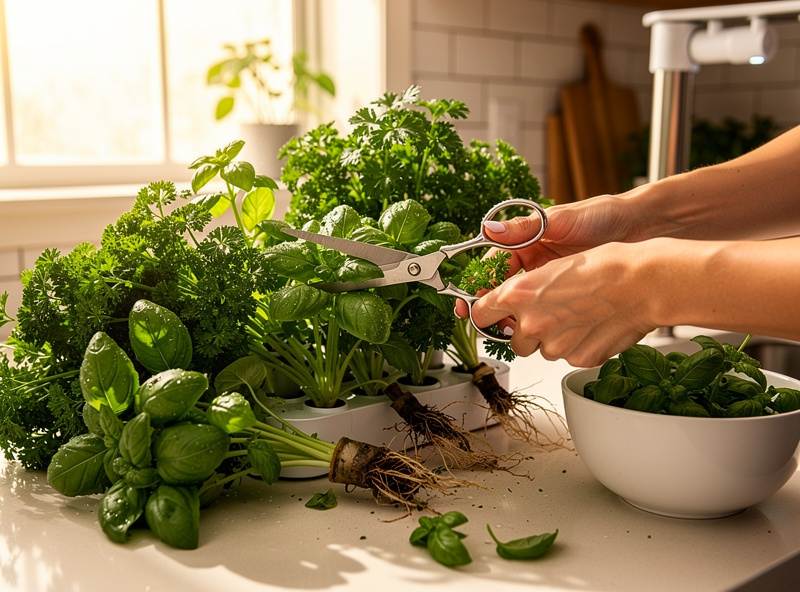 Hands trimming fresh hydroponic herbs on kitchen counter with morning light