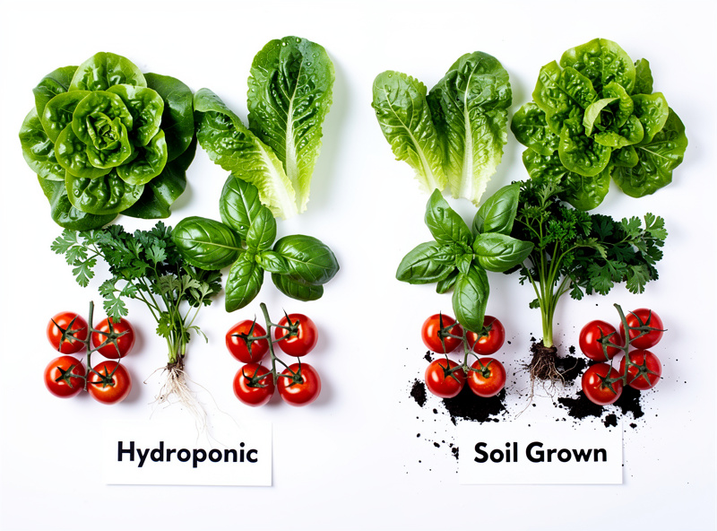Flat lay comparison showing hydroponic vs soil grown vegetables on white surface