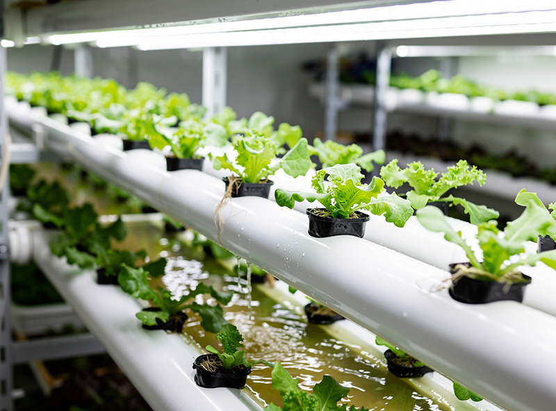 NFT hydroponic channel with nutrient film flowing and lettuce seedlings in net cups