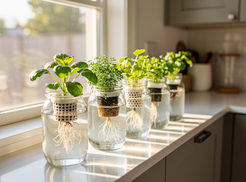 DIY mason jar Kratky hydroponic setup on sunny kitchen windowsill with lettuce growing