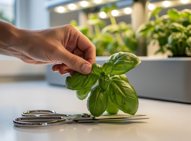 Pinching basil tops to encourage branching
