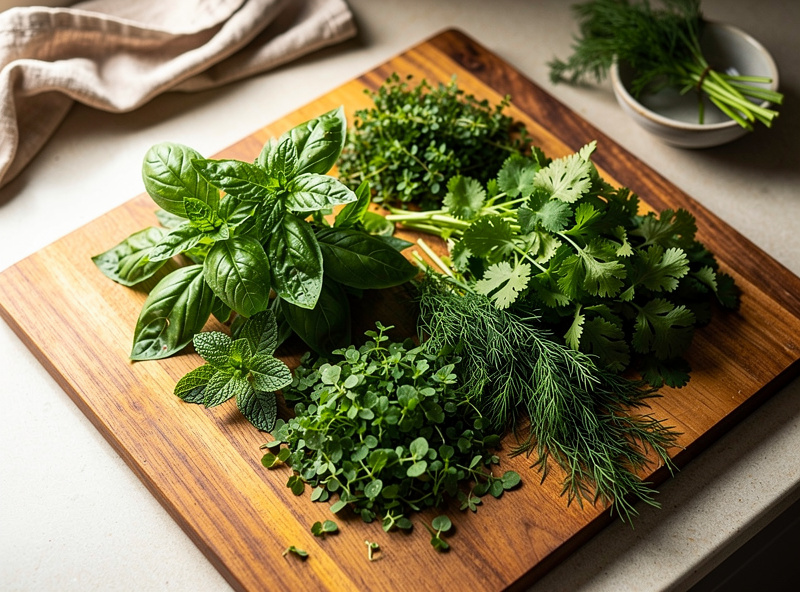 Mixed herb harvest on cutting board