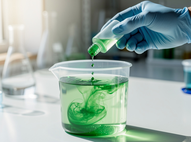 Gloved hand pouring concentrated green hydroponic nutrient from a dropper bottle into a clear mixing jug