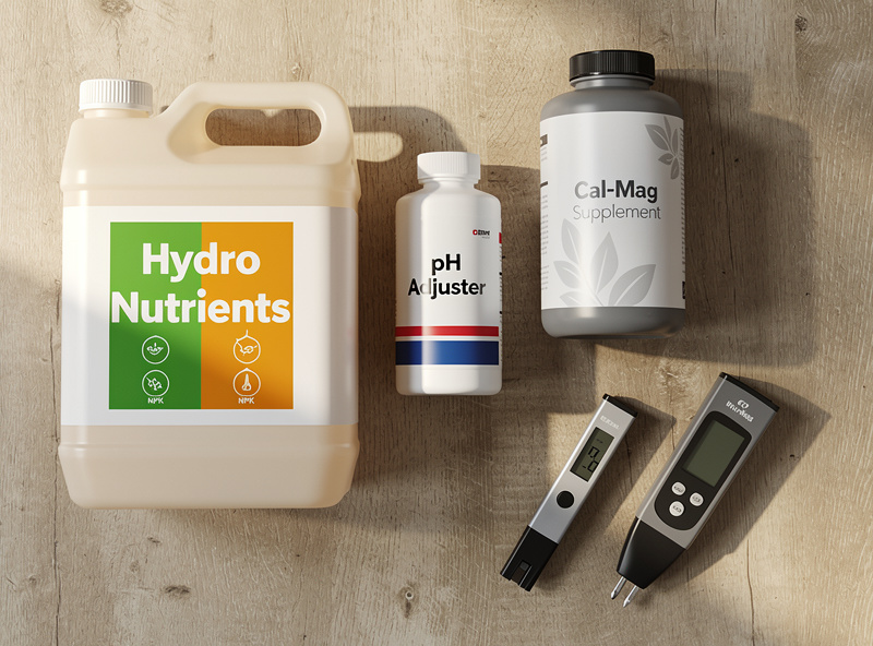 Three hydroponic nutrient products with EC pen and pH meter on a wooden surface