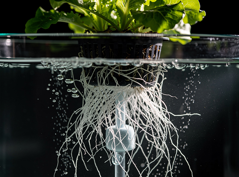 Healthy white hydroponic plant roots dangling in a deep water culture reservoir with aeration bubbles