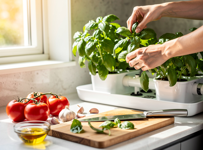 Hand harvesting fresh basil from hydroponic garden