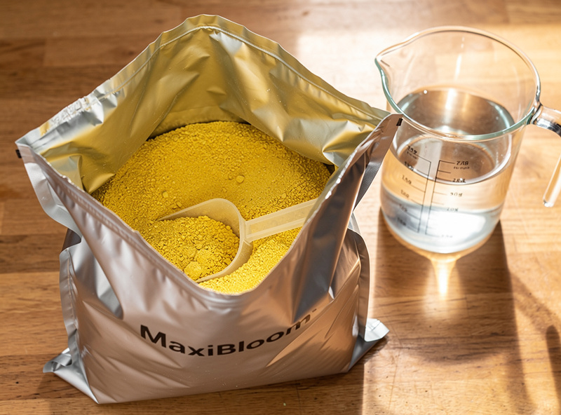 Open silver foil bag of yellow General Hydroponics MaxiBloom dry powder fertilizer with a small white measuring scoop on a wooden kitchen counter