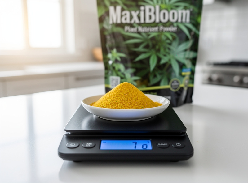 Digital kitchen scale showing seven grams of yellow MaxiBloom powder in a small white dish next to an open MaxiBloom bag