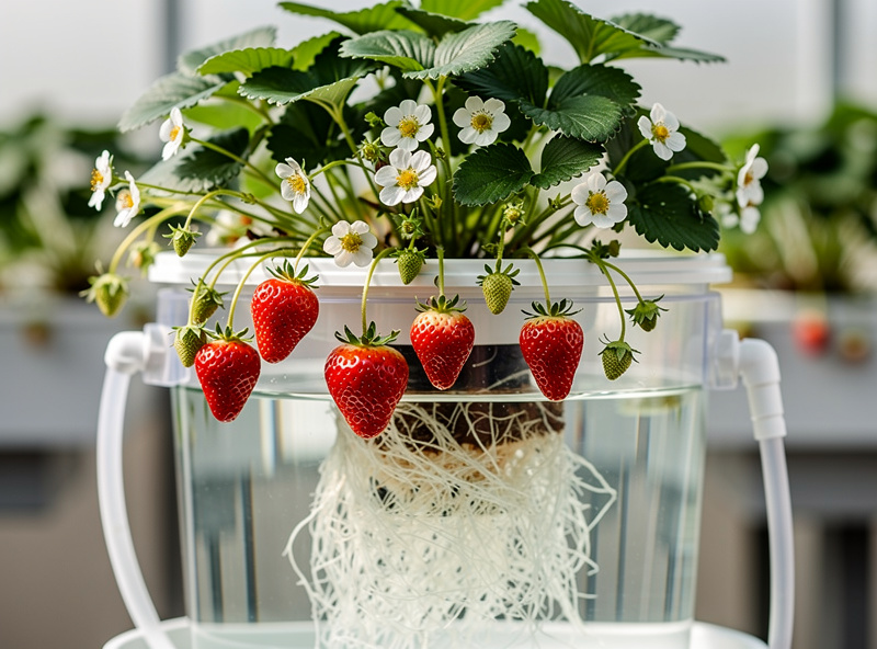 Healthy hydroponic strawberry plant with red ripe berries hanging in a deep water culture bucket setup with white roots visible through clear water