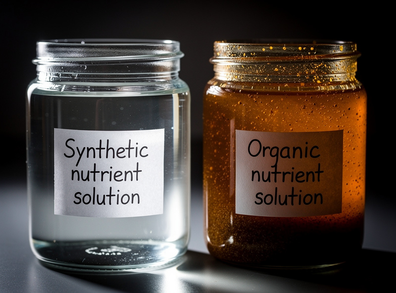 Two glass jars compared: clear synthetic hydroponic nutrient solution and cloudy amber-brown organic nutrient solution