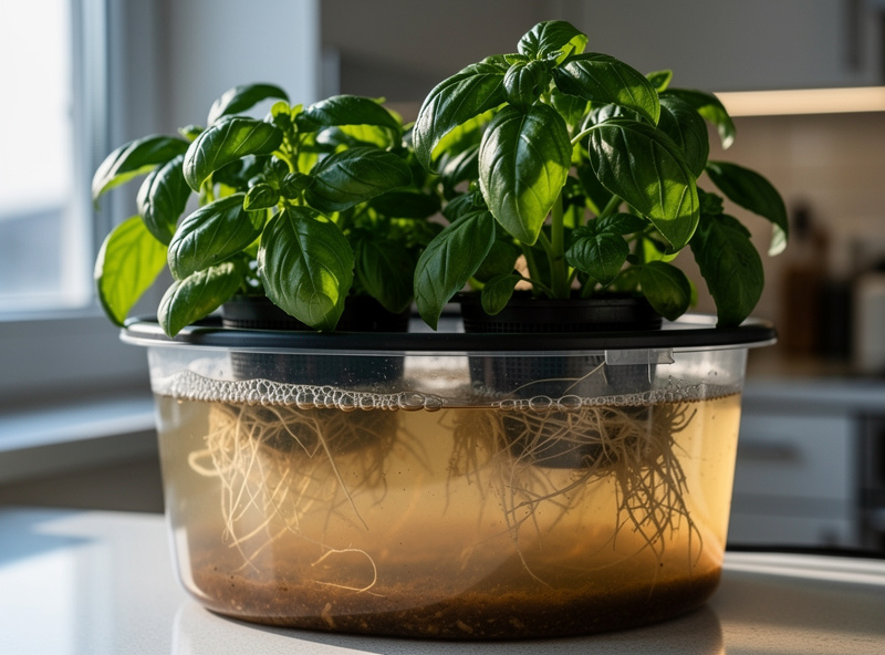 Healthy hydroponic basil growing in a deep water culture bucket with cloudy amber organic nutrient solution