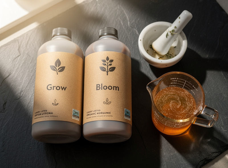 OMRI-listed organic hydroponic nutrient bottles Grow and Bloom in earthy brown packaging beside a measuring cup