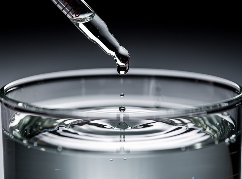 Single drop of clear pH Down liquid falling from a 1 milliliter dropper into a glass beaker of water with concentric ripples