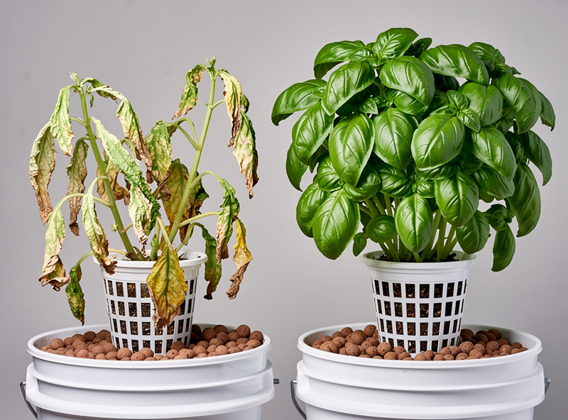 Wilting yellowing hydroponic basil plant beside a healthy vibrant green basil plant showing pH lockout damage