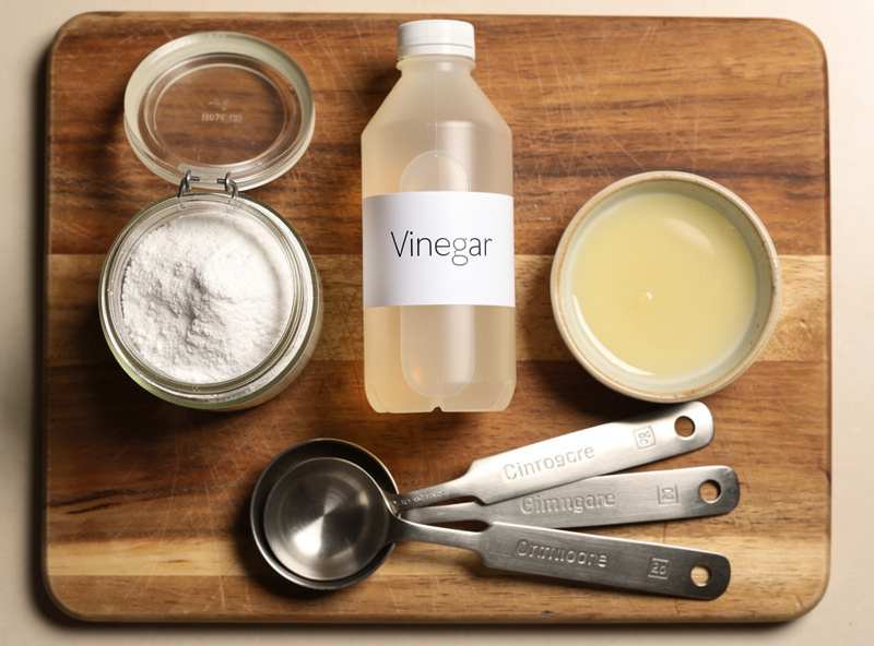 Natural pH down alternatives: citric acid powder, food-grade vinegar, lemon juice, and measuring spoon on wood board