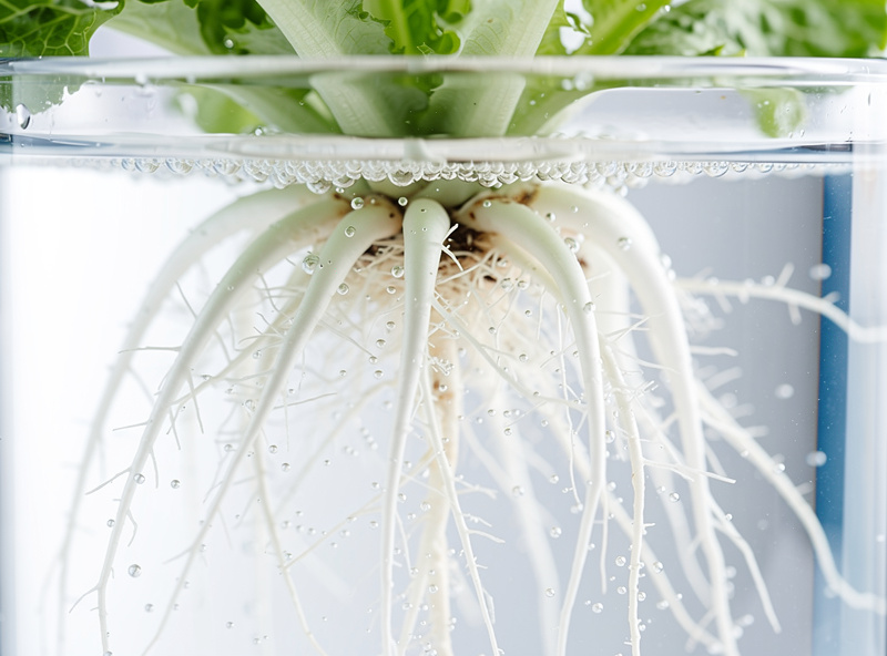 Healthy white hydroponic lettuce roots in nutrient solution with air bubbles