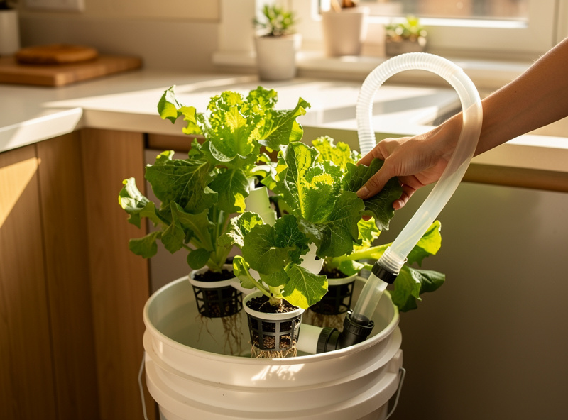 Person harvesting fresh lettuce from a 5-gallon bucket DWC hydroponic system in a home kitchen