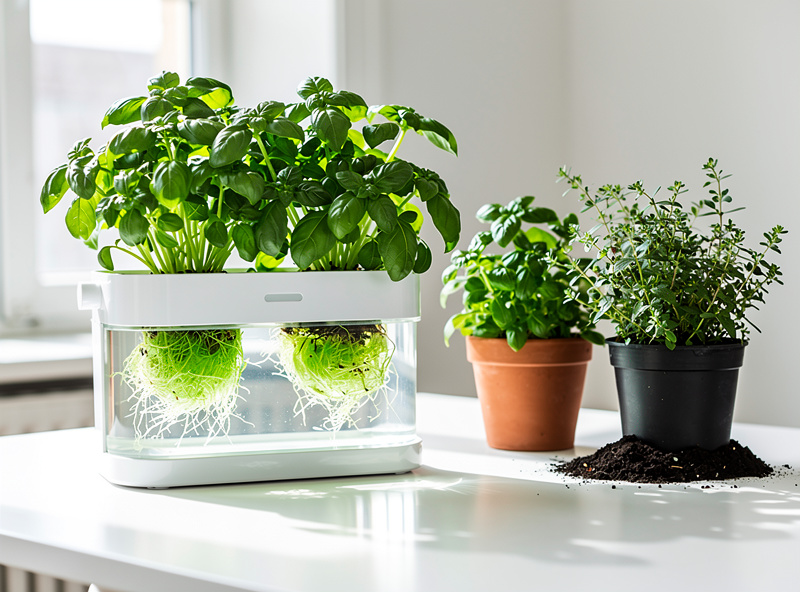 Side by side comparison of hydroponic herbs and traditional soil potted plants