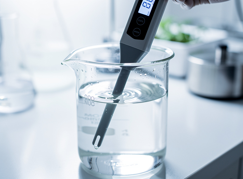 Digital pH meter testing hydroponic nutrient solution in a clear glass beaker