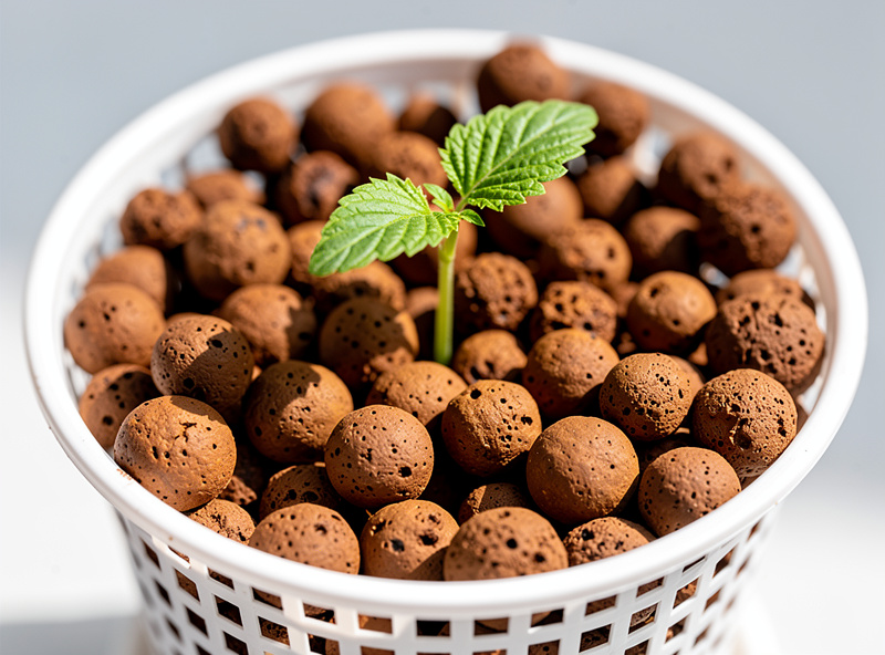 Brown clay pebbles filling a white net pot with a young green seedling