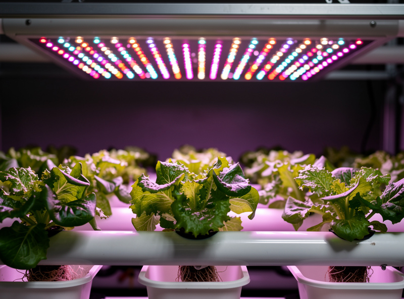 LED grow light panel illuminating rows of healthy lettuce in an indoor hydroponic setup