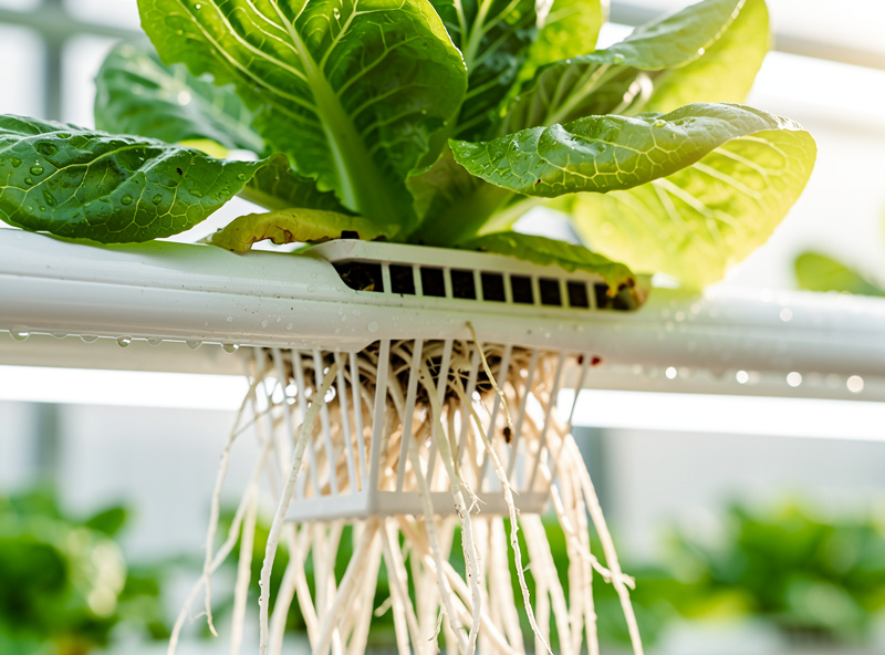 Fresh butterhead lettuce growing in a hydroponic net pot with healthy white roots visible