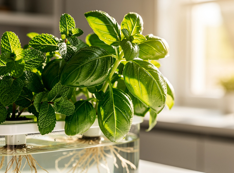 Fresh basil and mint herbs growing in hydroponic system with lush green leaves