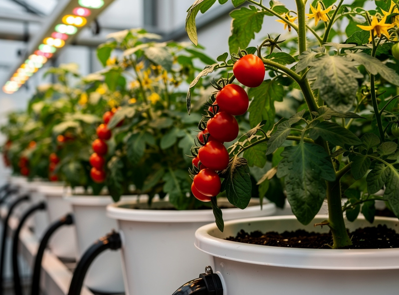 Ripe red cherry tomatoes growing on a vine in a hydroponic Dutch bucket system