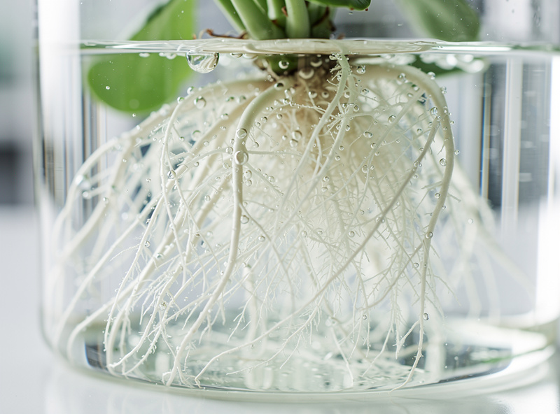 Healthy white hydroponic plant roots in clear nutrient solution