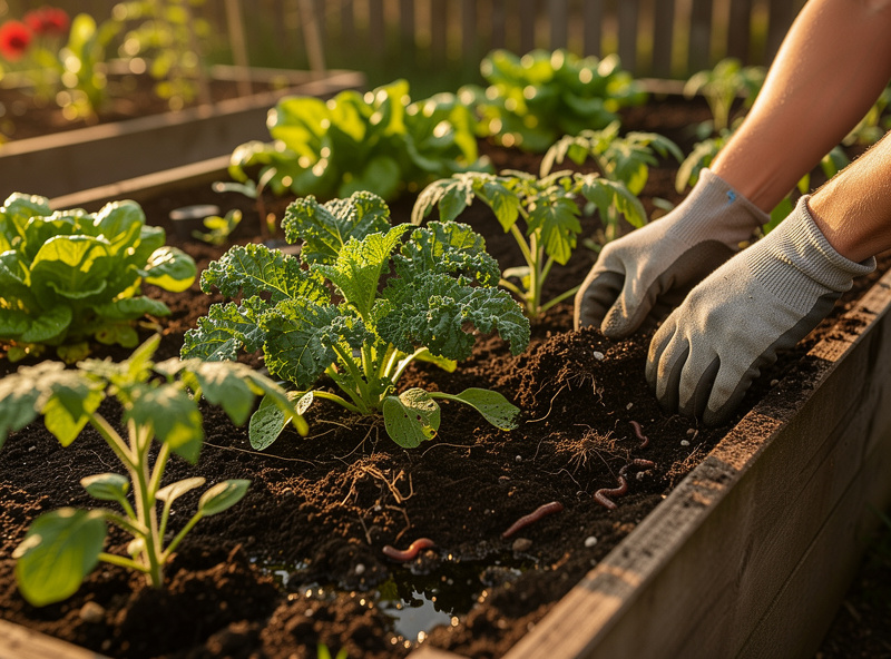 Traditional soil garden bed with rich dark soil and healthy green vegetables