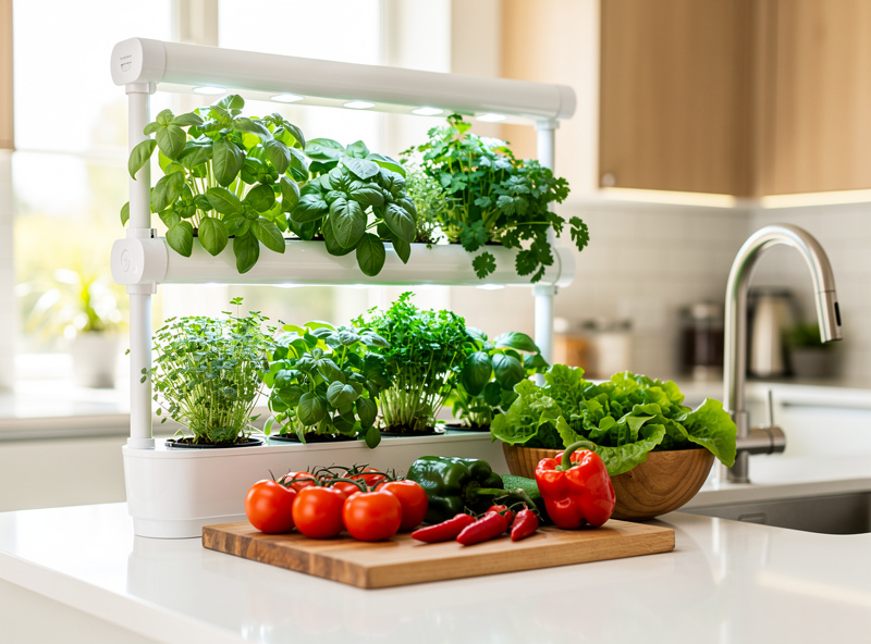 Home indoor hydroponic garden setup on a kitchen counter with fresh harvested vegetables