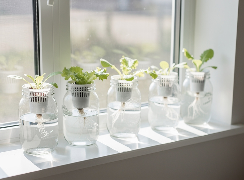 Simple Kratky method hydroponic setup with mason jars and lettuce seedlings on a windowsill