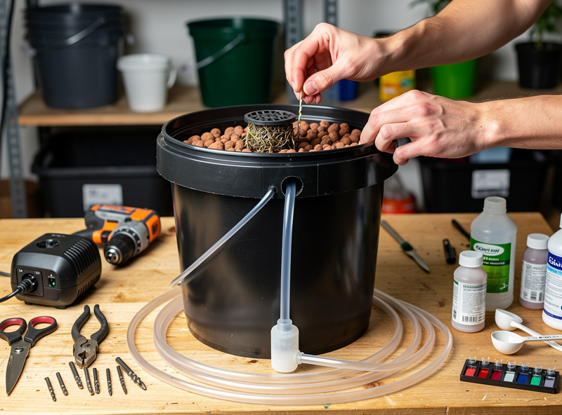 DIY deep water culture hydroponic bucket with air pump being assembled on a workbench