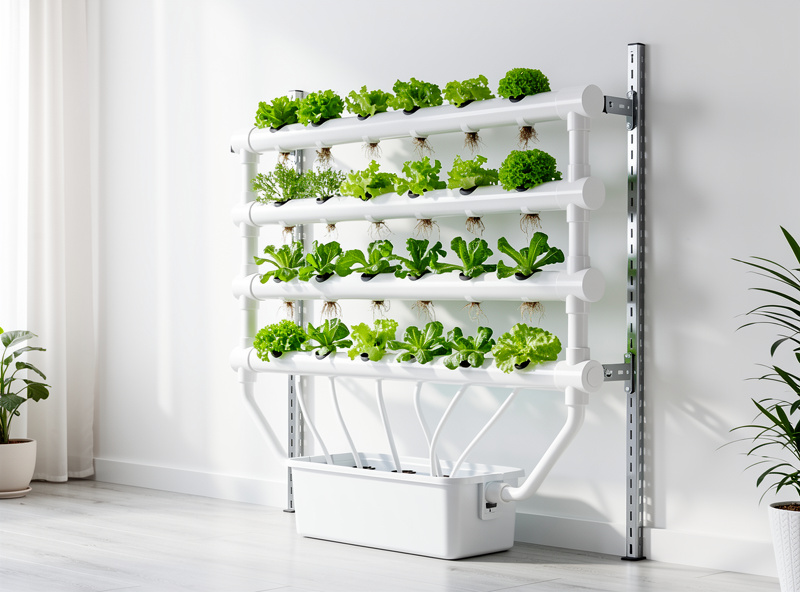 DIY NFT hydroponic system made from white PVC pipes with lettuce growing on a wall rack