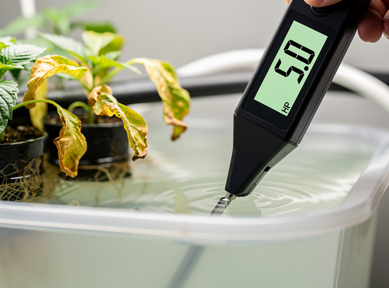 Digital pH meter displaying a reading being dipped into hydroponic nutrient solution