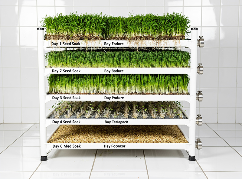 Stacked vertical hydroponic fodder rack showing 8 trays at sequential growth stages from soak to mature