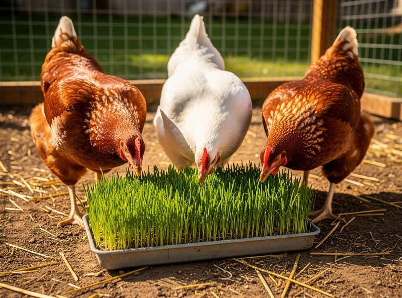 Backyard chickens pecking at green sprouted wheatgrass fodder mat in a clean coop run