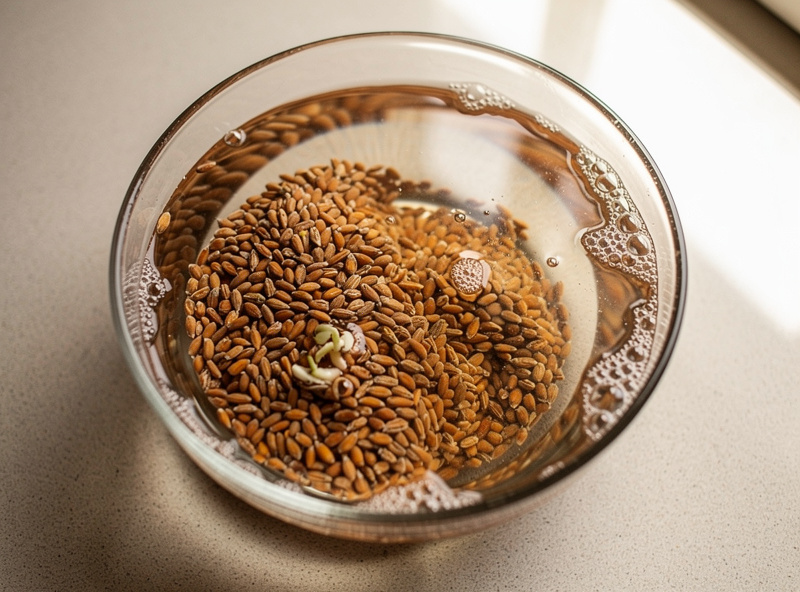 Hard red winter wheat berries soaking in clear water in a glass bowl on a kitchen counter