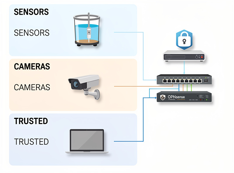 Network diagram showing three VLANs (sensors, cameras, trusted) connected to a managed switch with a hydroponic reservoir, IP camera, and laptop on each segment