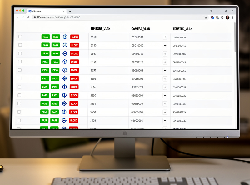 Screenshot of OPNsense firewall rules table showing inter-VLAN allow and block rules for the sensor, camera, and trusted networks