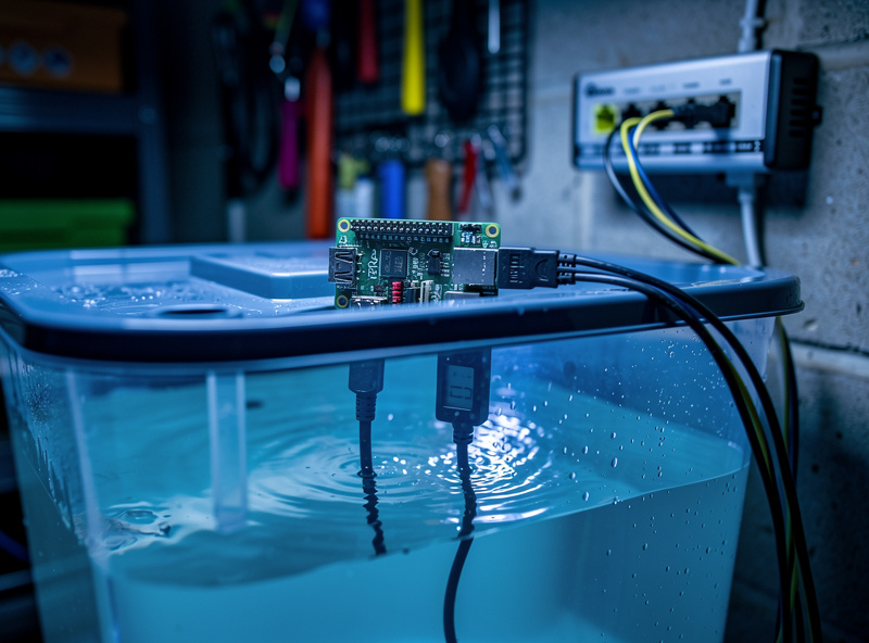 Hydroponic reservoir with pH probe, EC sensor, and a small Raspberry Pi automation controller wired into a managed switch on a wall mount
