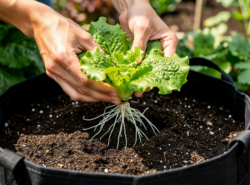Hands transplanting a hydroponic lettuce plug into rich dark compost soil in a fabric grow bag