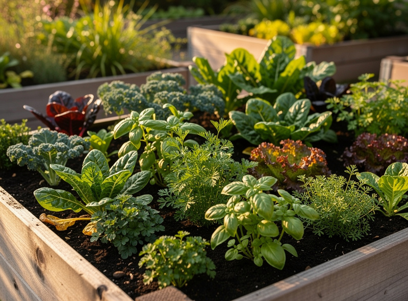 Healthy soil-grown vegetable garden bed full of leafy greens and herbs in afternoon sunlight
