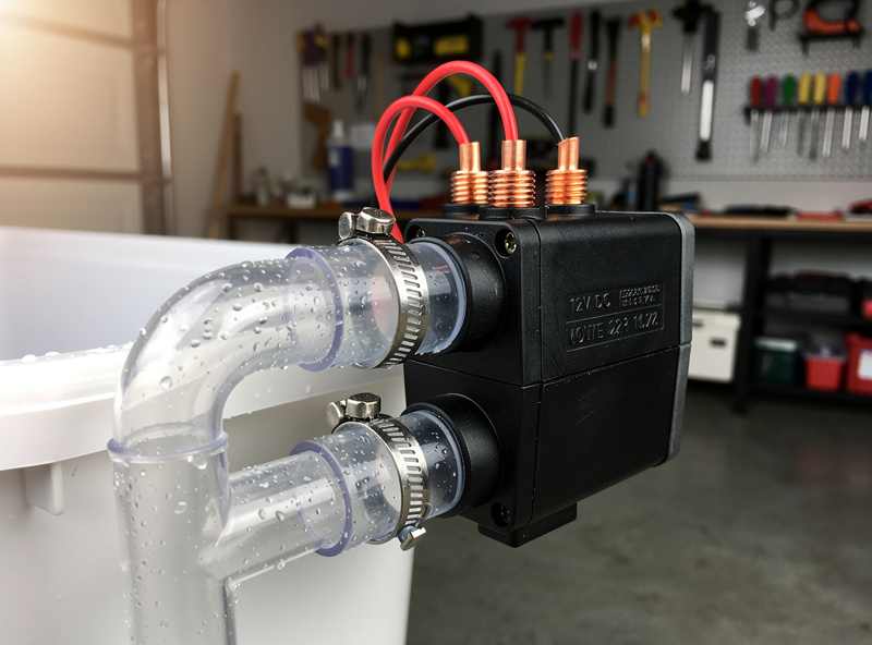 12V DC water pump connected to a hydroponic reservoir with clear PVC tubing and copper terminals