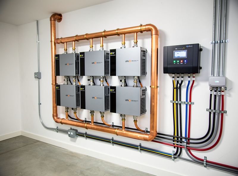 Wall-mounted LiFePO4 battery bank with copper busbars and MPPT solar charge controller in a clean utility room