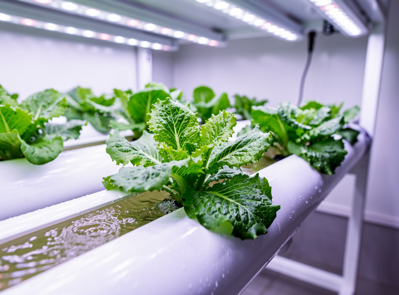 Vibrant indoor lettuce hydroponic NFT system with white PVC channels and lush green romaine plants under LED grow lights