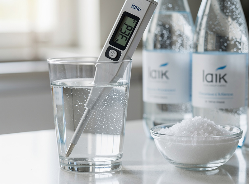 TDS meter probe in a glass of water showing mineral content reading on a kitchen counter